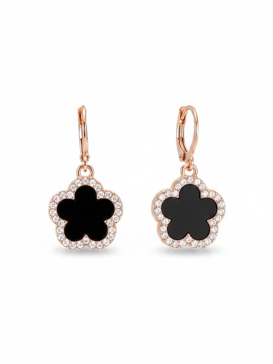High Heels on the High Road Jewelry - Black Mother of Pearl & Pavè Rhinestone Flower Floral Clover Gold Hoop Earrings
